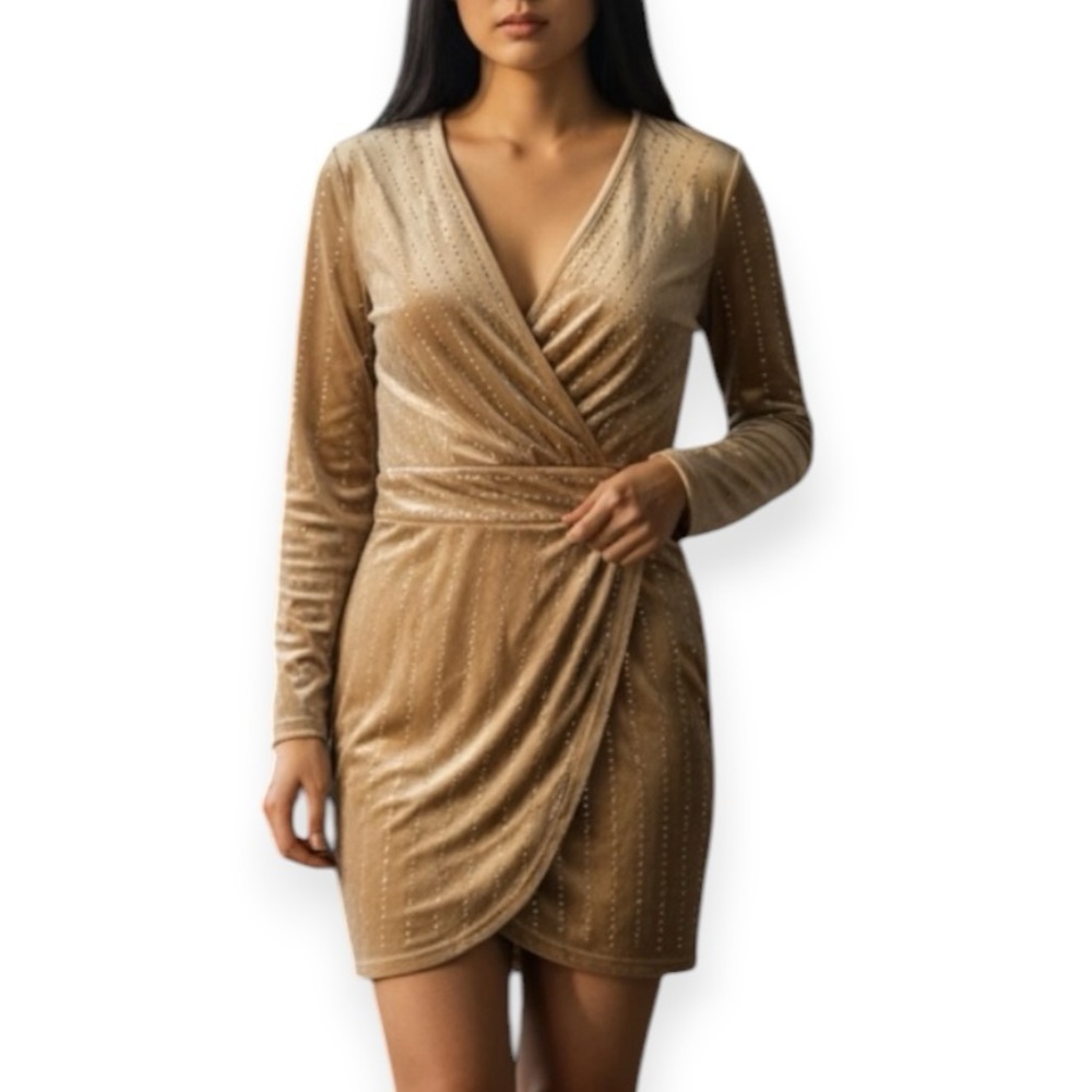 Forever 21 Nude Velvet Rhinestone Studded Long Sleeve Wrap Mini Dress –‎ Size M